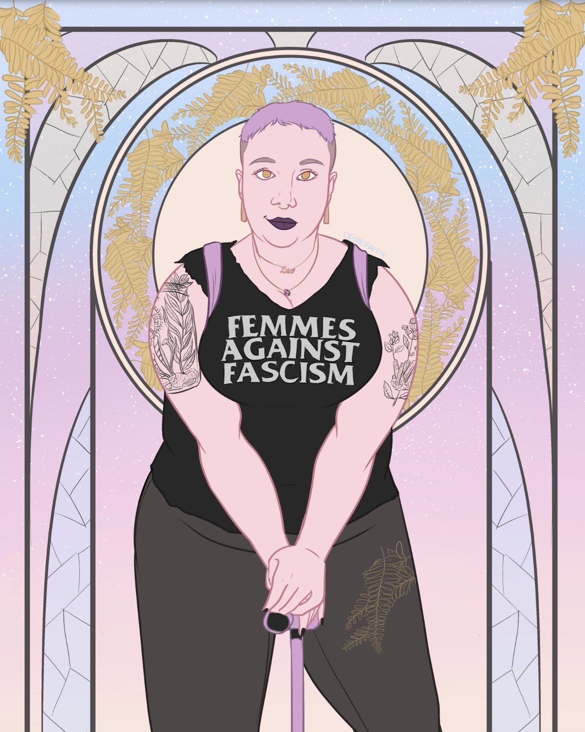 Art deco portrait of Jesse, a fat white femme with short hair and a cane by Michaela Oteri